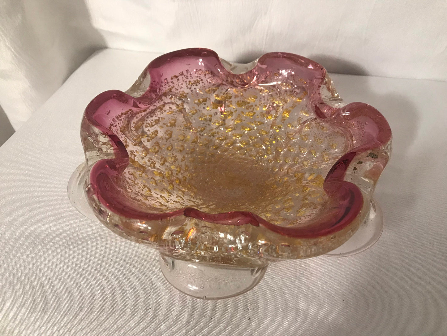 Vintage A. Barbini Venetian glass footed bowl w/gold & silver flake | Home Decor