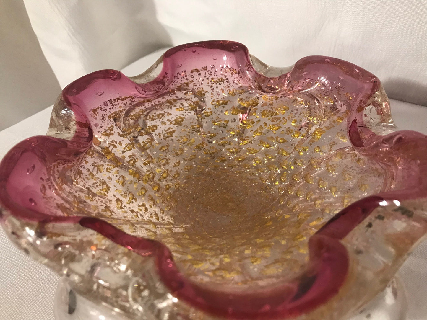 Vintage A. Barbini Venetian glass footed bowl w/gold & silver flake | Home Decor