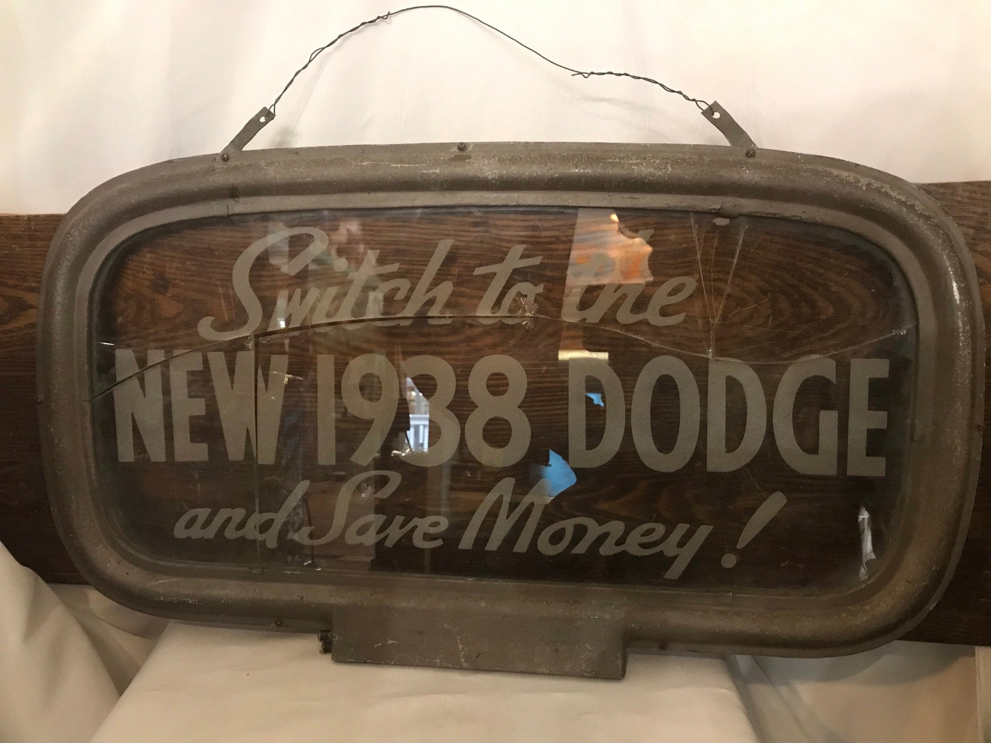 Vintage Glass/Metal Hanging Sign “Switch to the New 1938 Dodge and Save Money!” | Home Decor