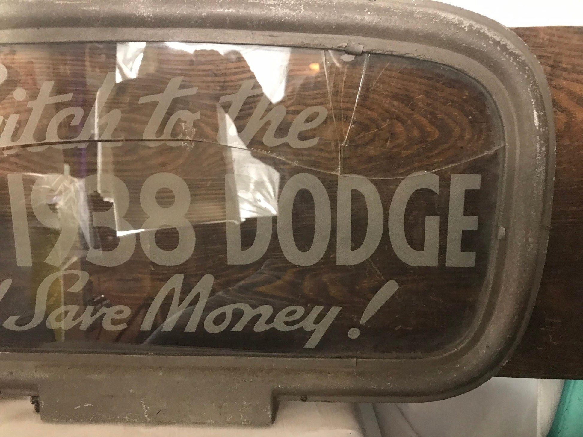 Vintage Glass/Metal Hanging Sign “Switch to the New 1938 Dodge and Save Money!” | Home Decor