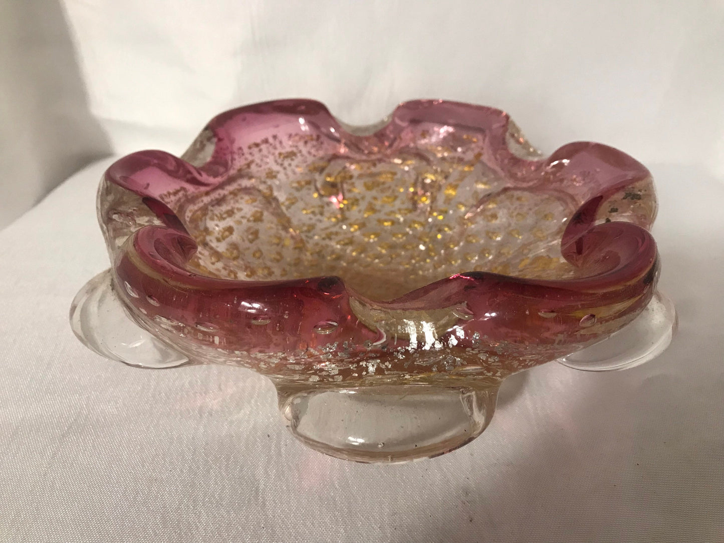 Vintage A. Barbini Venetian glass footed bowl w/gold & silver flake | Home Decor