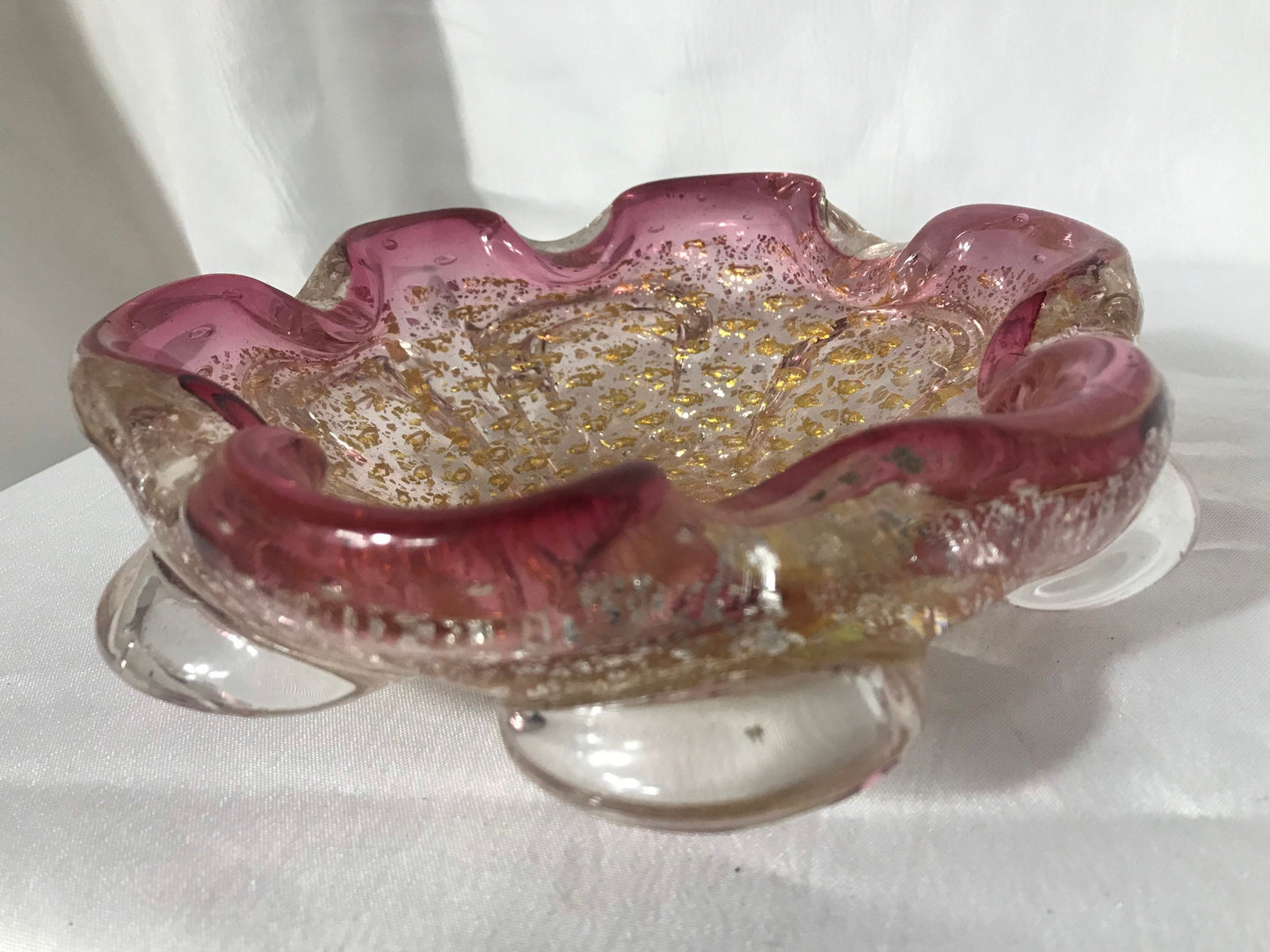 Vintage A. Barbini Venetian glass footed bowl w/gold & silver flake | Home Decor