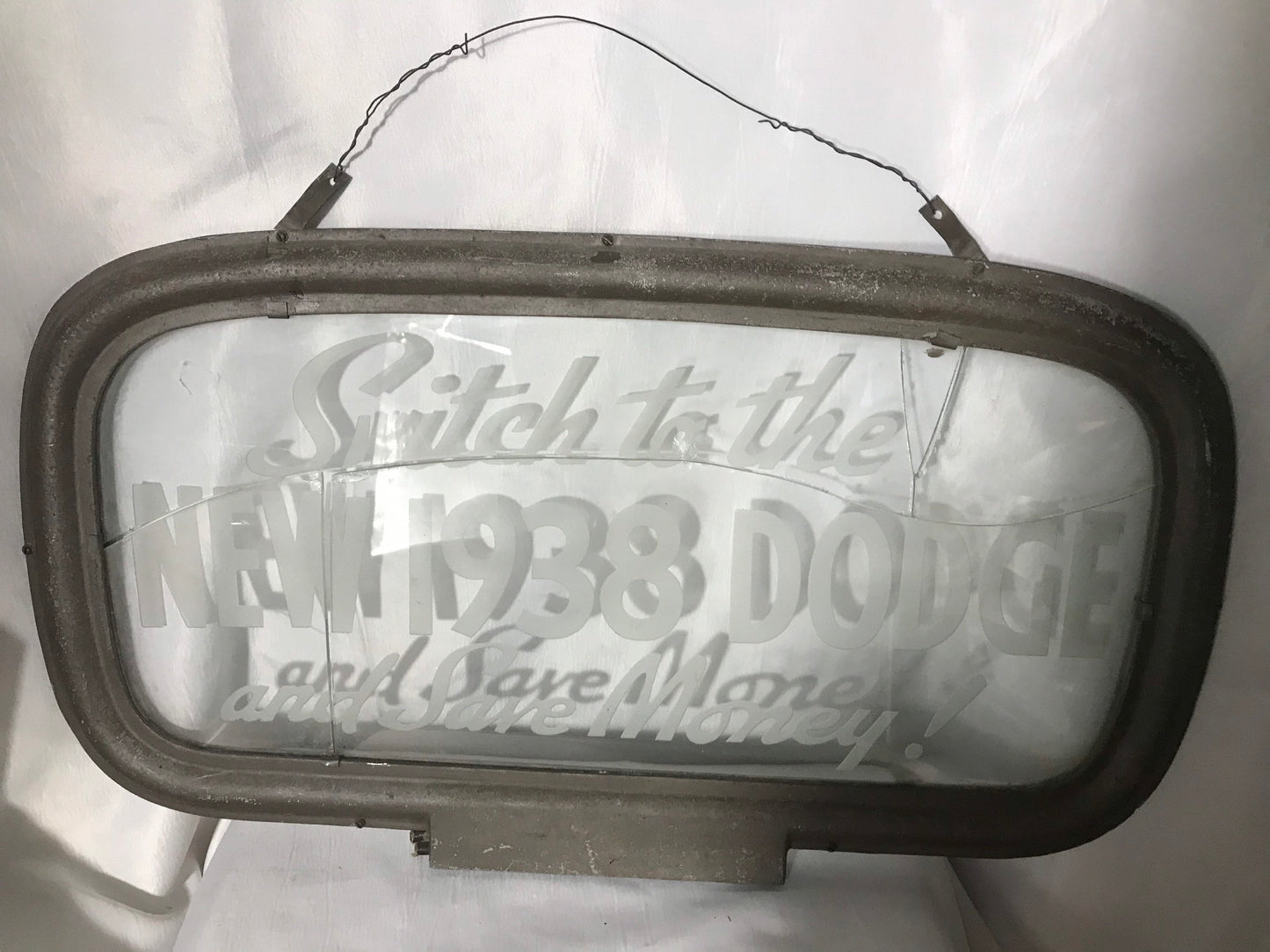 Vintage Glass/Metal Hanging Sign “Switch to the New 1938 Dodge and Save Money!” | Home Decor