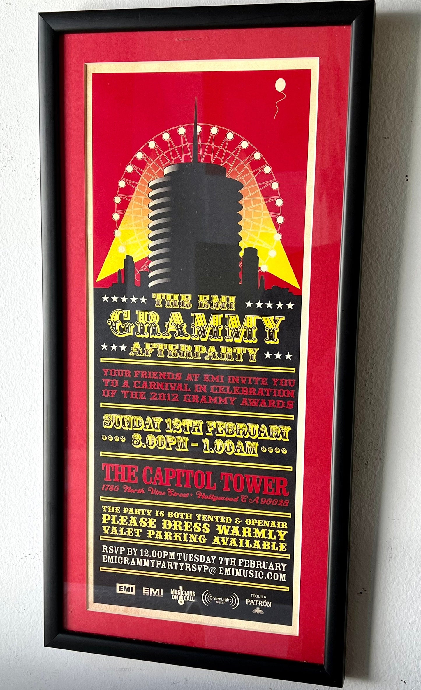 The Grammy Afterparty Invitation from 2012 - EMI Productions | Framed | Home Decor | Memorabilia