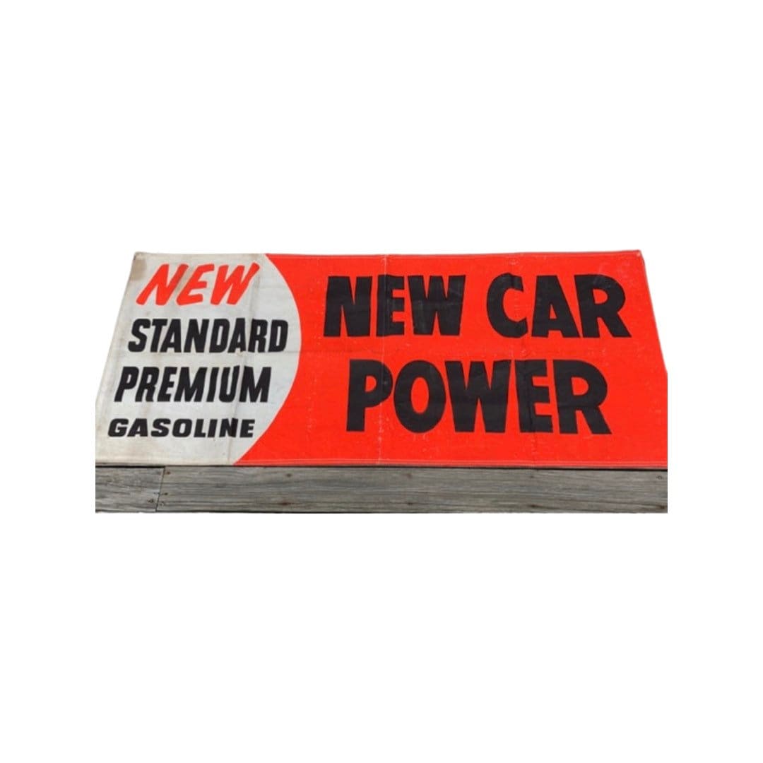 On sale-1950's Vintage “New Standard Premium Gasoline New Car Power” Gas Station Advertising Banner