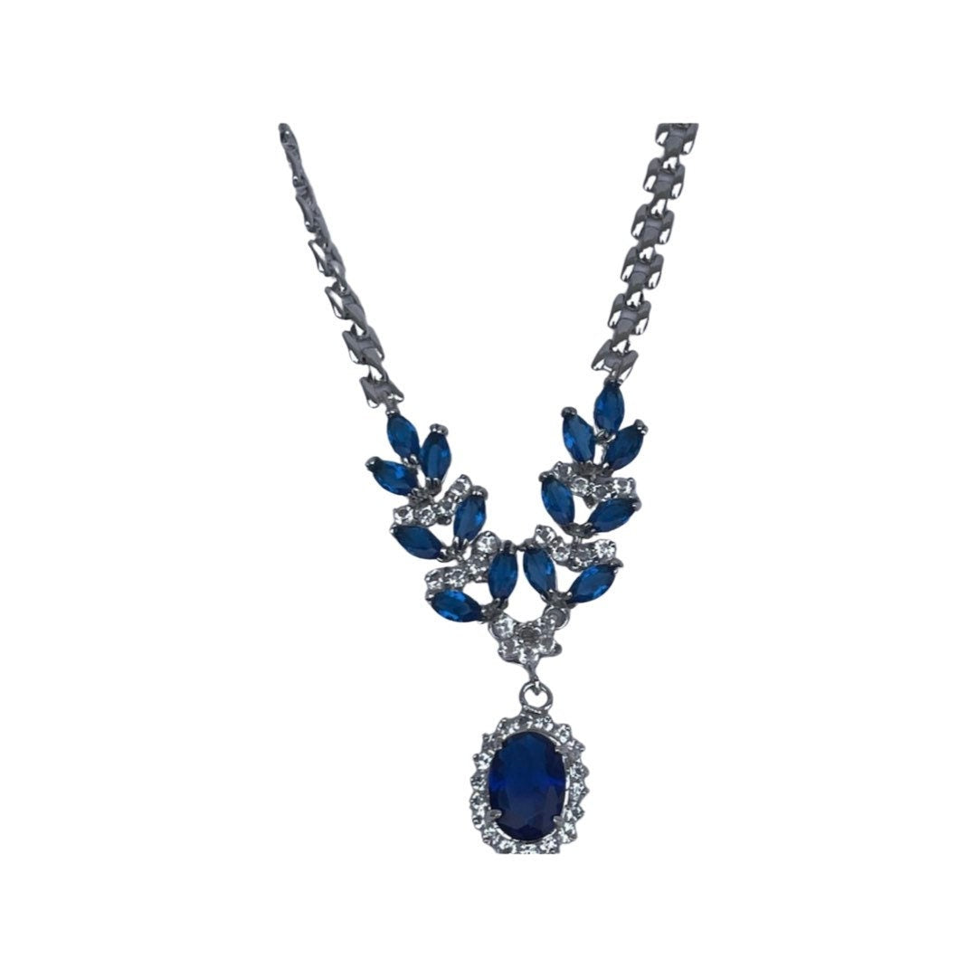 Vintage Oval Blue Sapphire and Diamond Necklace - 14k White Gold