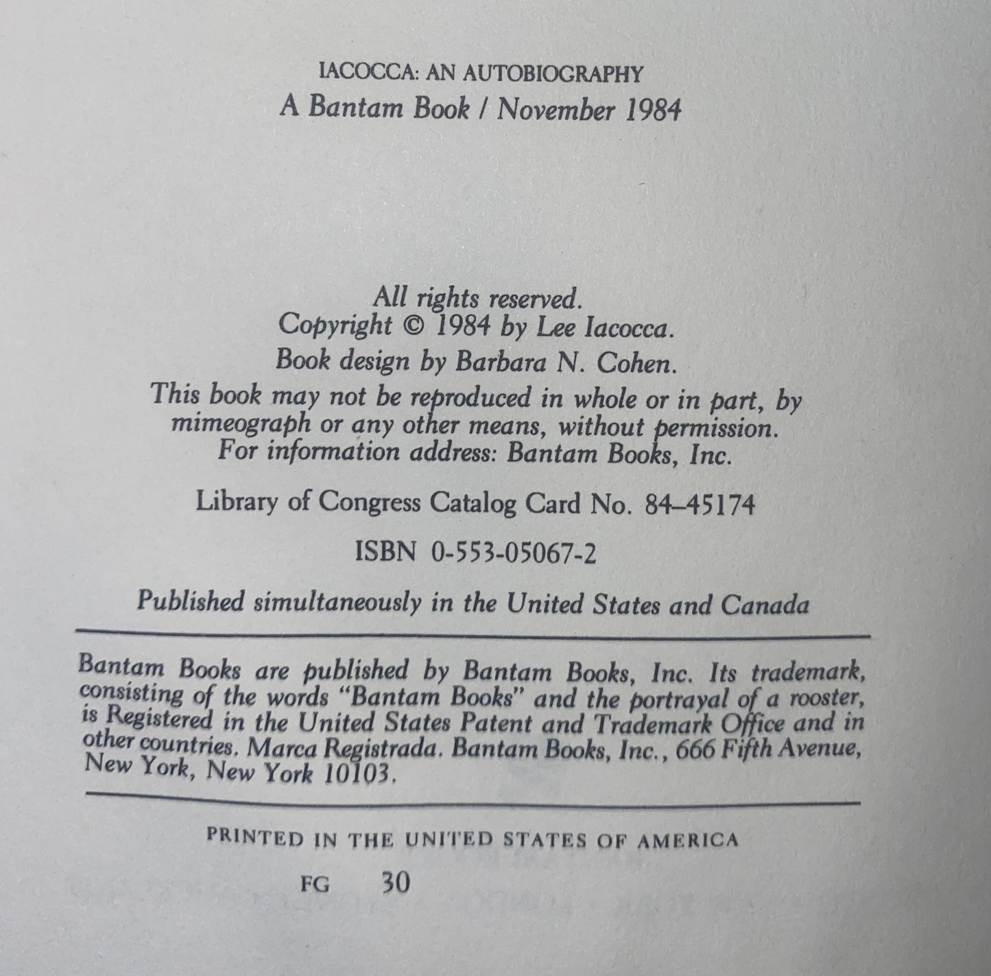 Iacocca - An Autobiography, by Lee Iacocca with William Novak hardback second hand first edition copy