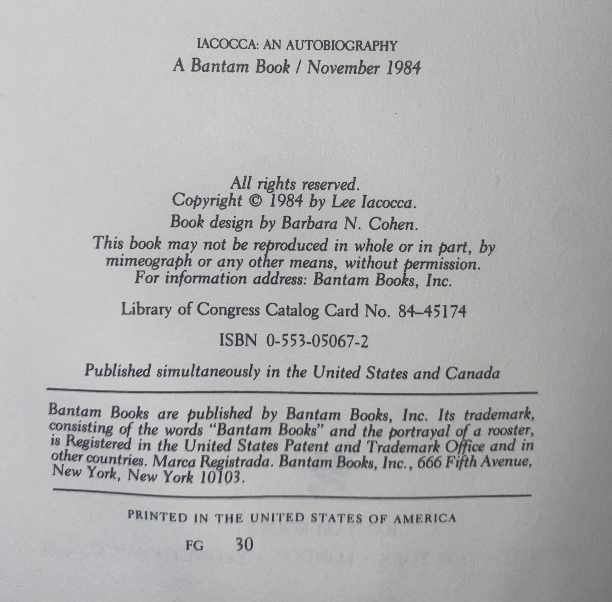 Iacocca - An Autobiography, by Lee Iacocca with William Novak hardback second hand first edition copy