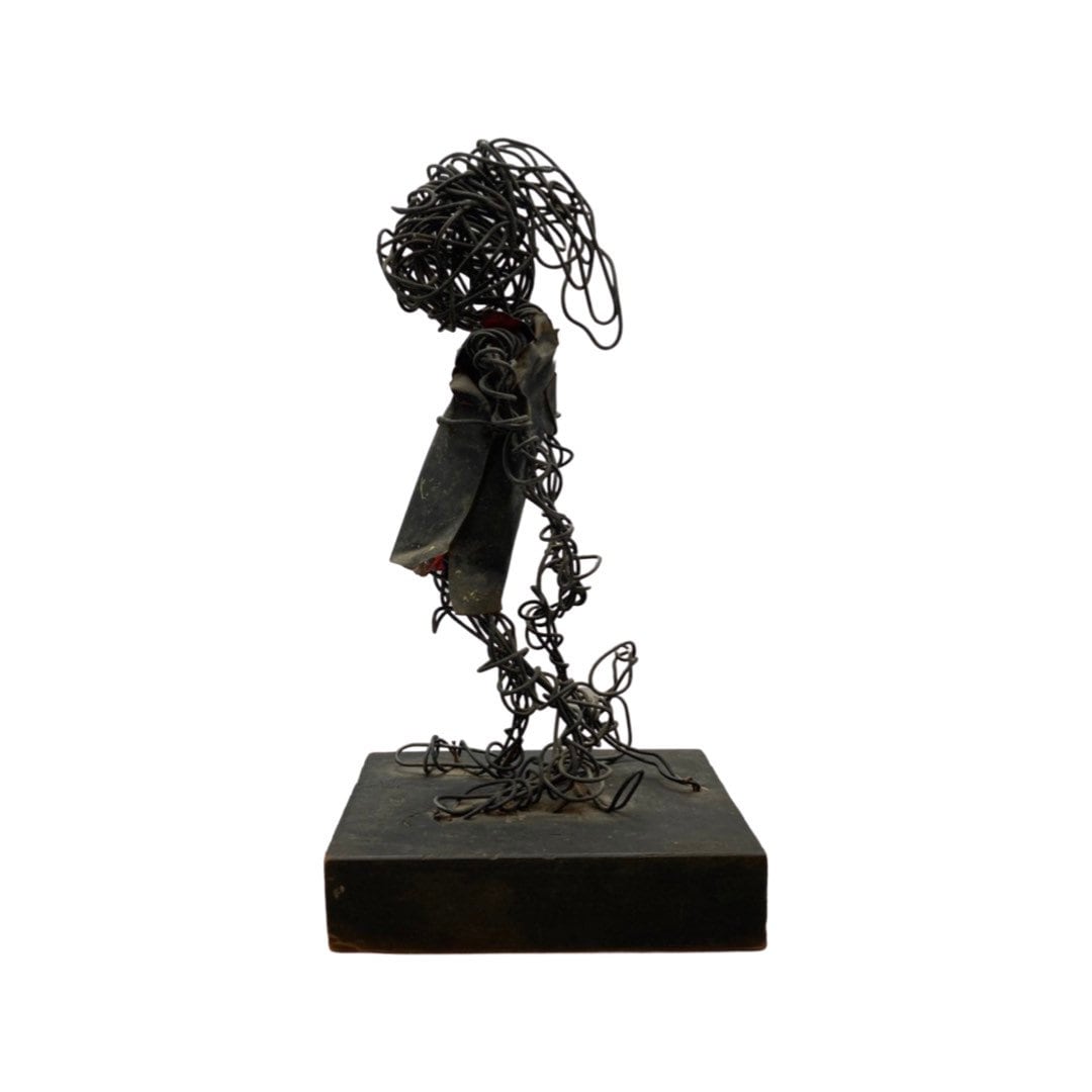 Abstract Art Sculpture with Black Wire and Wood Plynth by Eduardo Torres