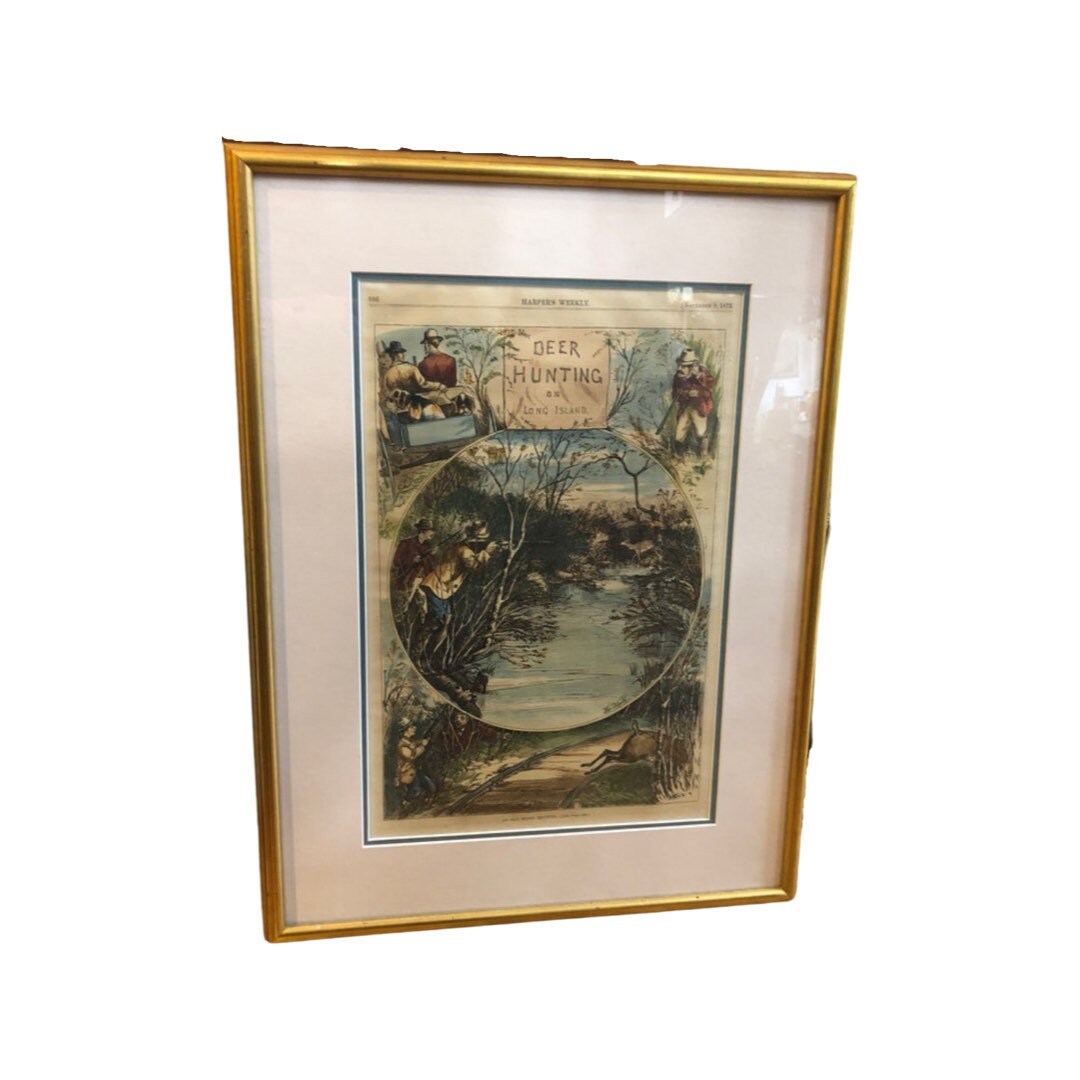 1873 Harper's Weekly illustration of "Deer Hunting on Long Island" framed.