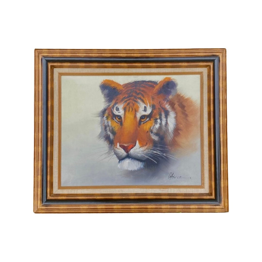 Vintage Tiger Oil Painting in Antique Frame, Wildlife Art, Wall Decor, Vintage Home Decor, Animal Lover Gift