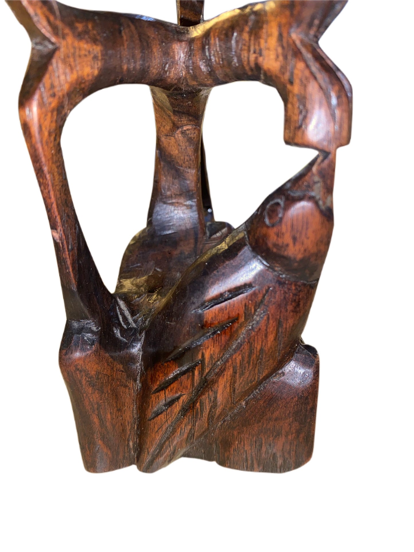 Vintage Ironwood Carving Bird in Flight Over Tree With Young mother bird feeding small baby bird