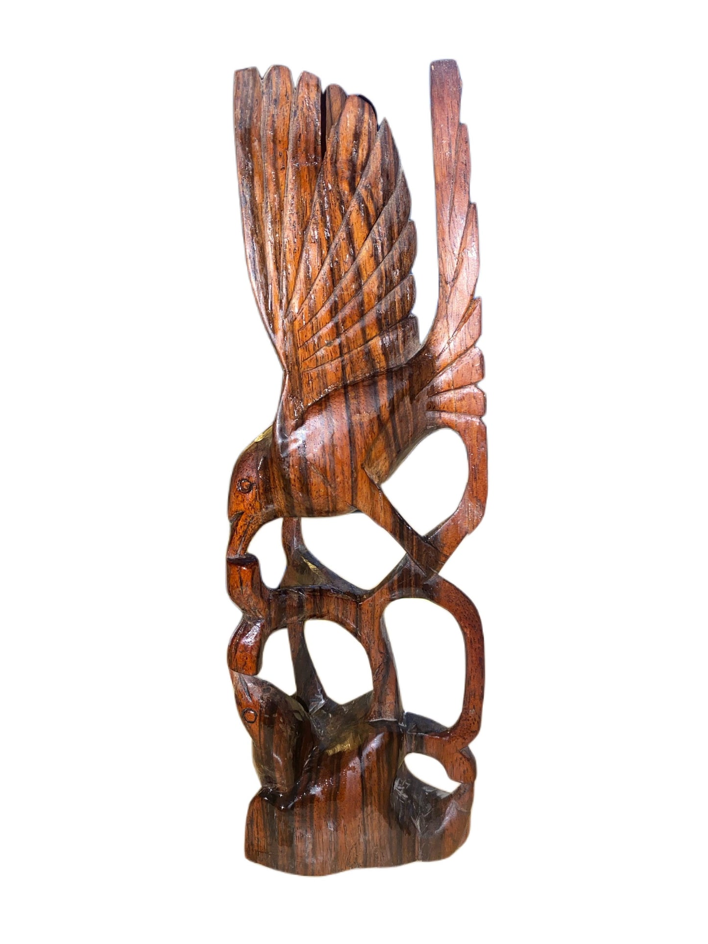 Vintage Ironwood Carving Bird in Flight Over Tree With Young mother bird feeding small baby bird