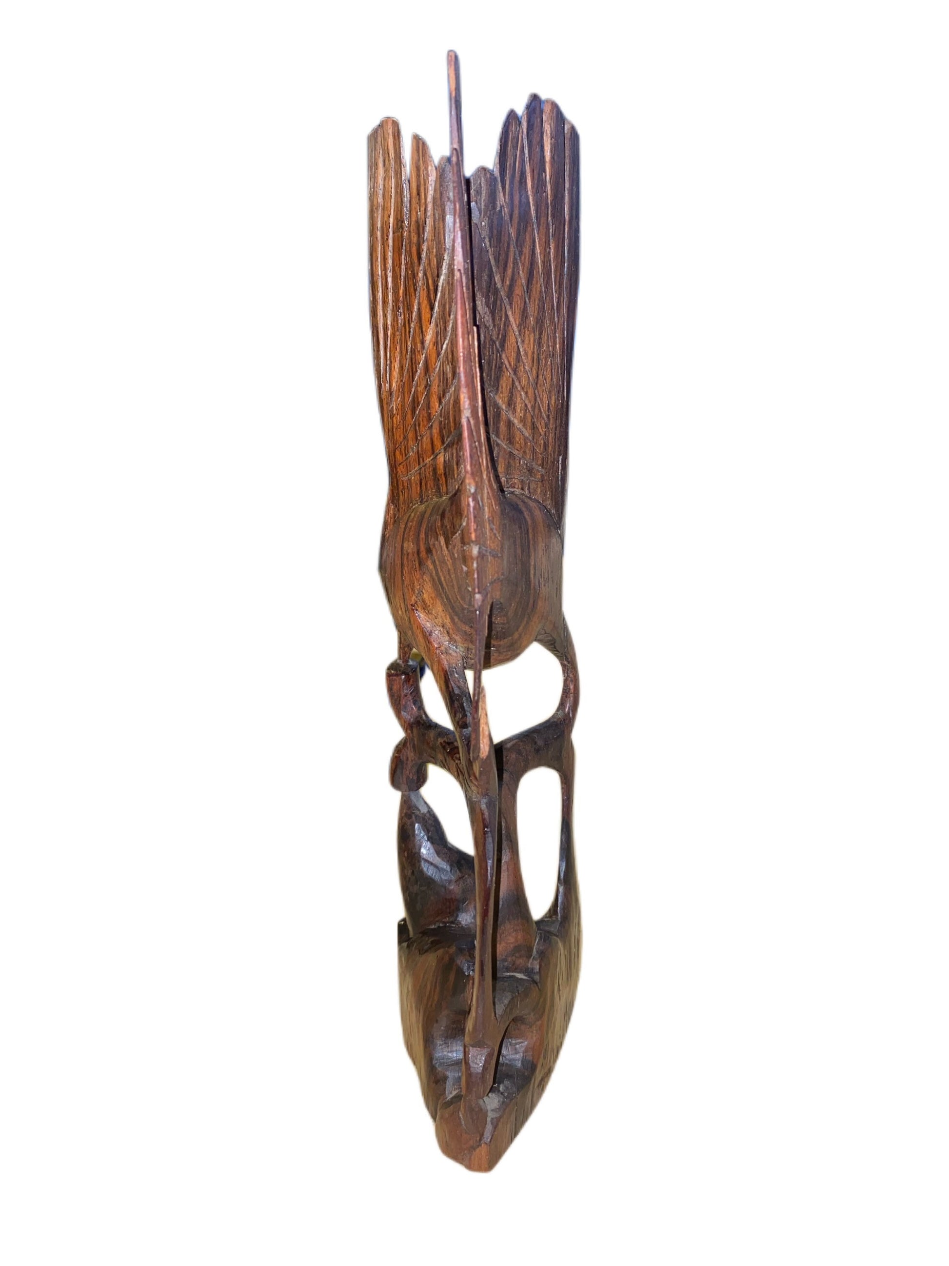 Vintage Ironwood Carving Bird in Flight Over Tree With Young mother bird feeding small baby bird