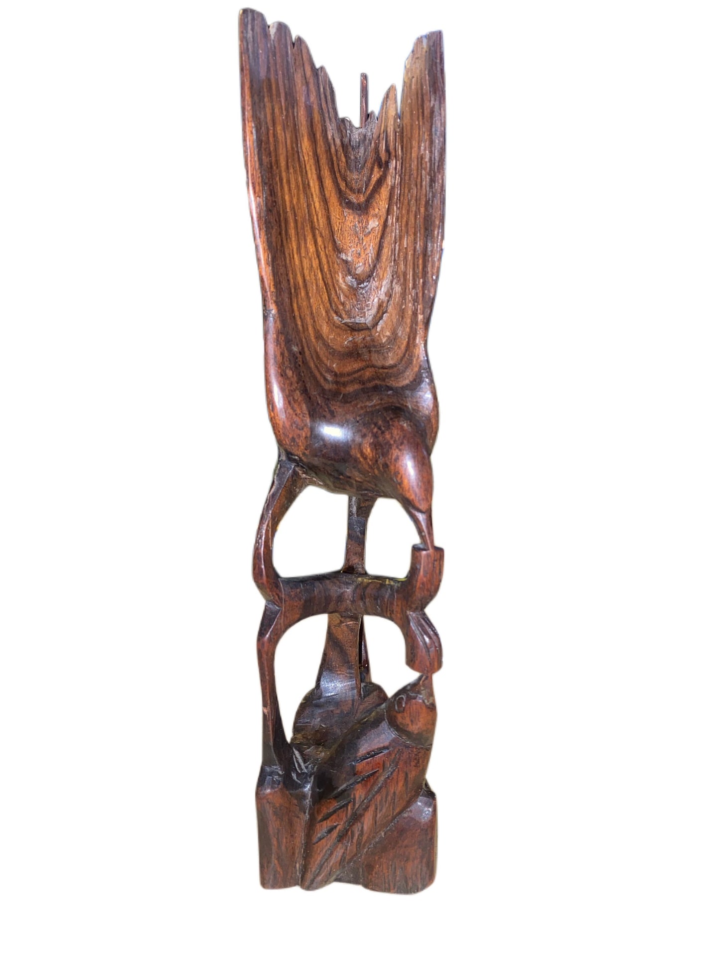 Vintage Ironwood Carving Bird in Flight Over Tree With Young mother bird feeding small baby bird