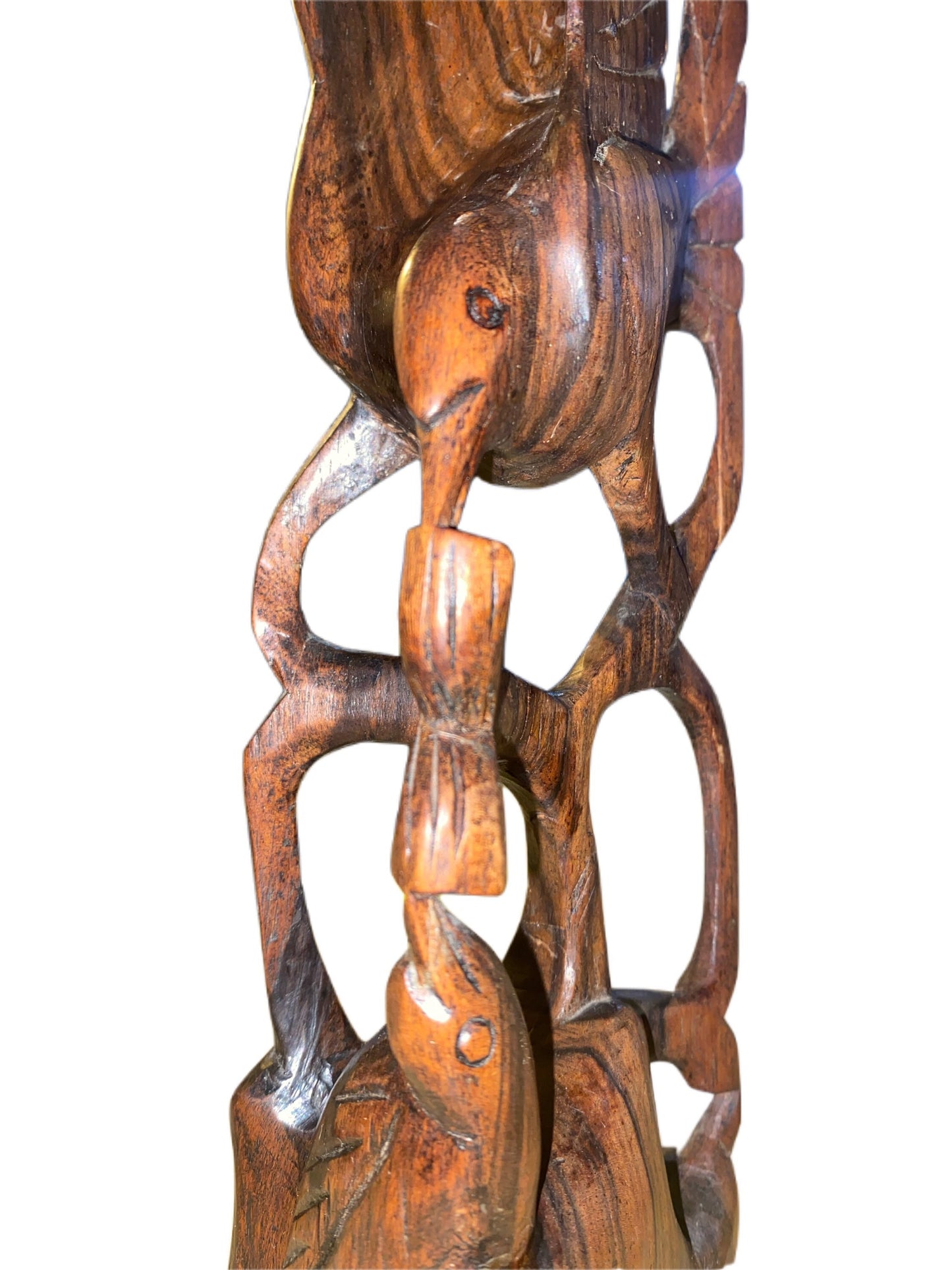 Vintage Ironwood Carving Bird in Flight Over Tree With Young mother bird feeding small baby bird