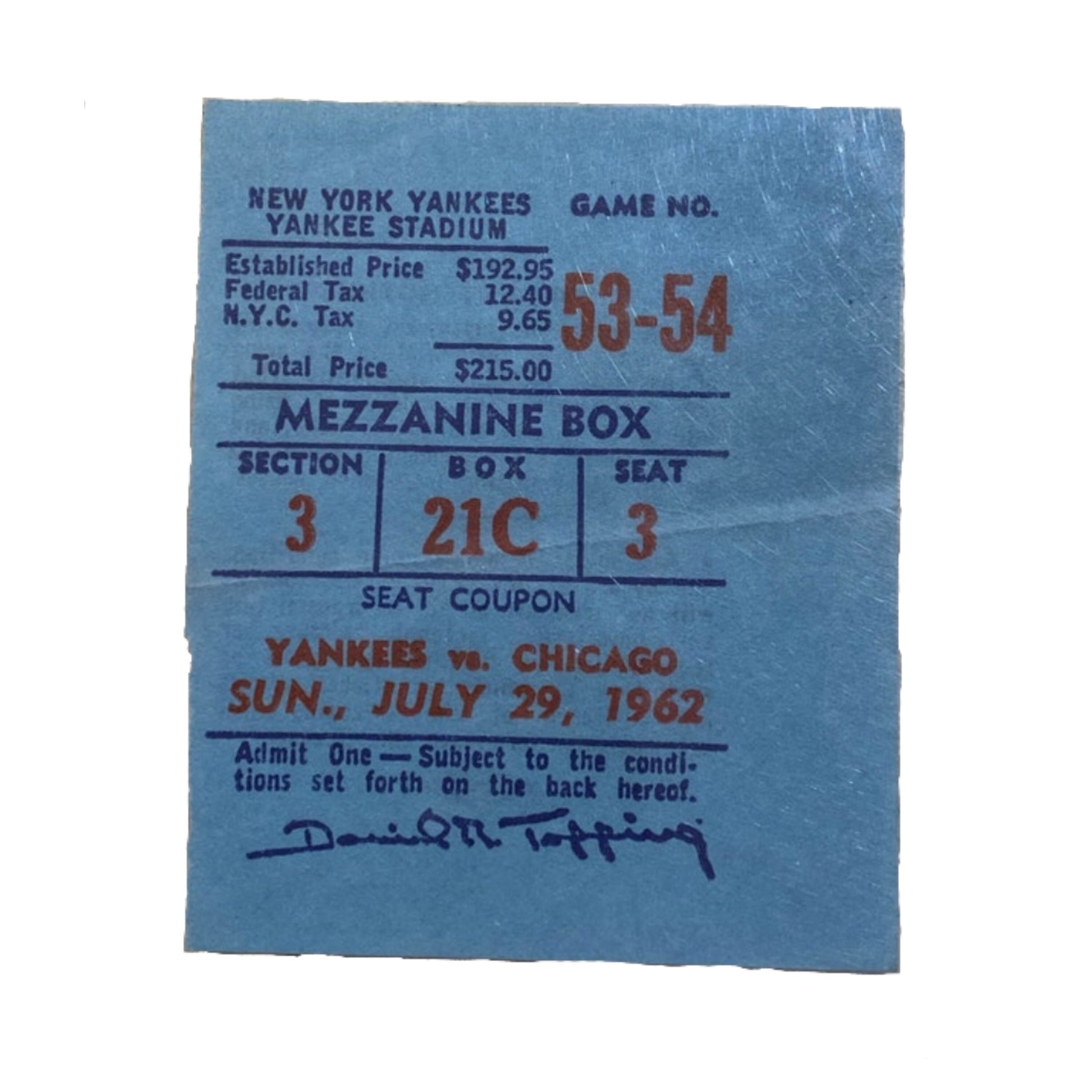 1962 Yankee Stadium Ticket