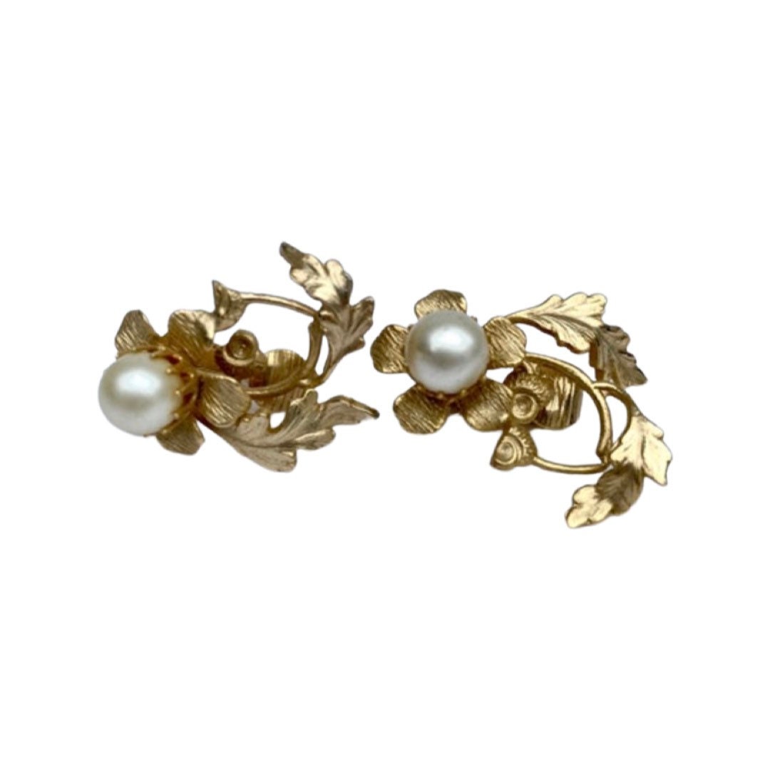 Ornate Floral Gold Tone and Pearl Earrings