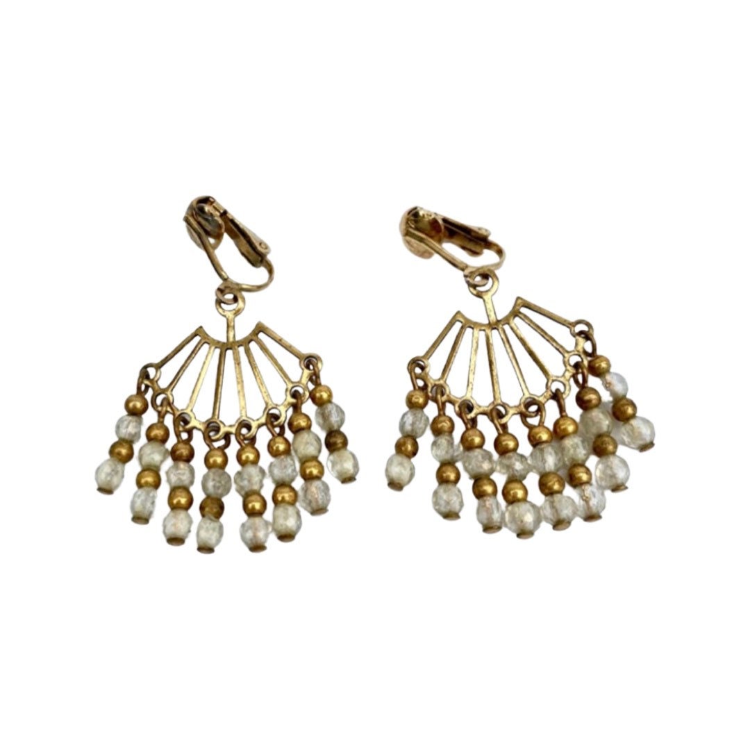 Vintage Beaded White and Gold Dangly Earrings