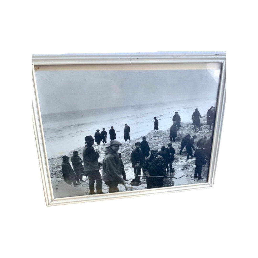 Vintage Black & White Photograph of Men at Work on Beach