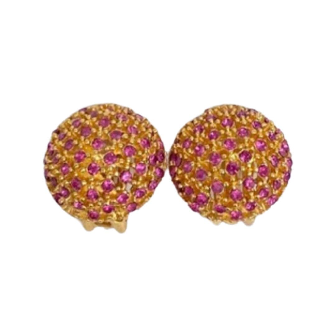 Vintage Pink Jeweled Yellow Gold Tone Earrings
