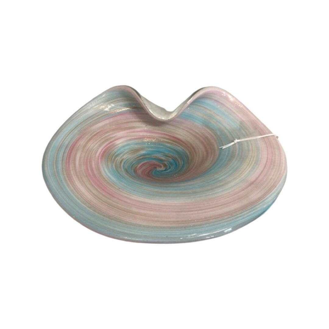 Vintage Blue, Pink, Brown, and White Cotton Candy Swirl Murano Glass Dish | Home Decor
