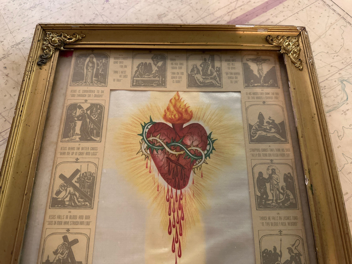 Vintage Sacred Heart Flaming Heart w/ Crucifixion Framed Portrait | Home Decor