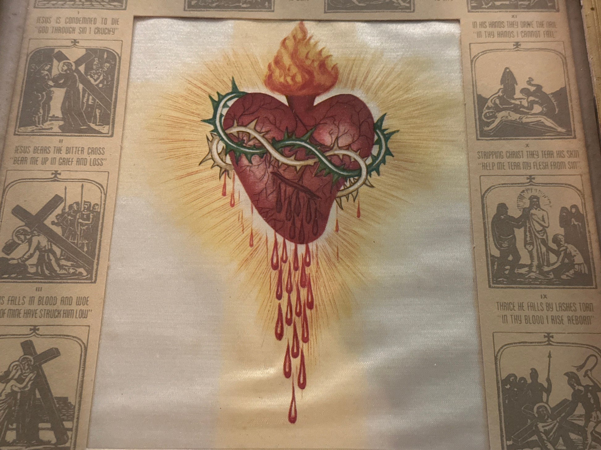 Vintage Sacred Heart Flaming Heart w/ Crucifixion Framed Portrait | Home Decor