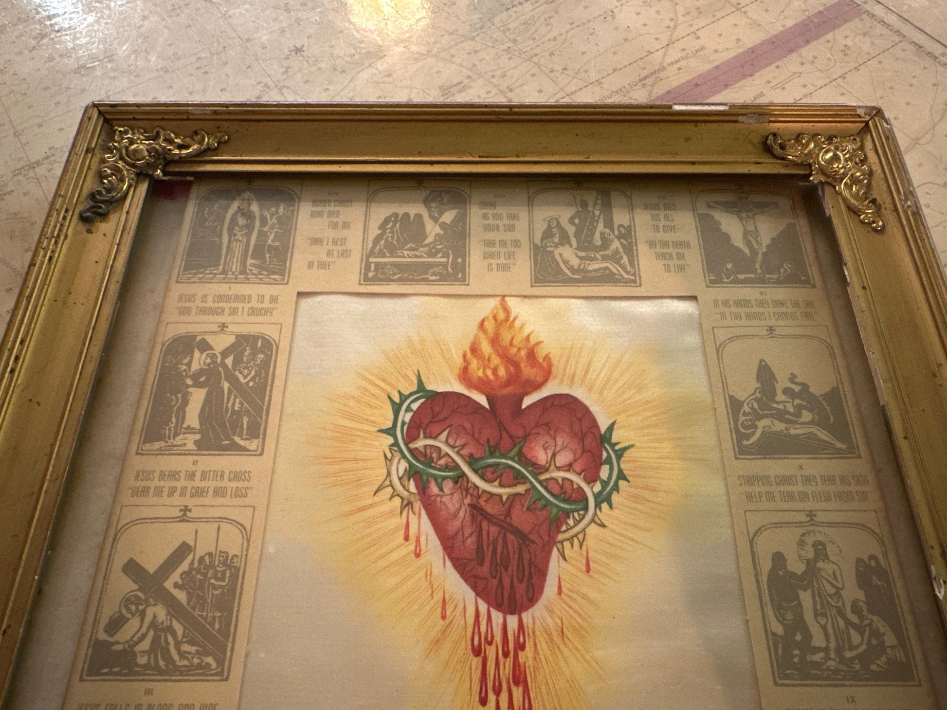 Vintage Sacred Heart Flaming Heart w/ Crucifixion Framed Portrait | Home Decor