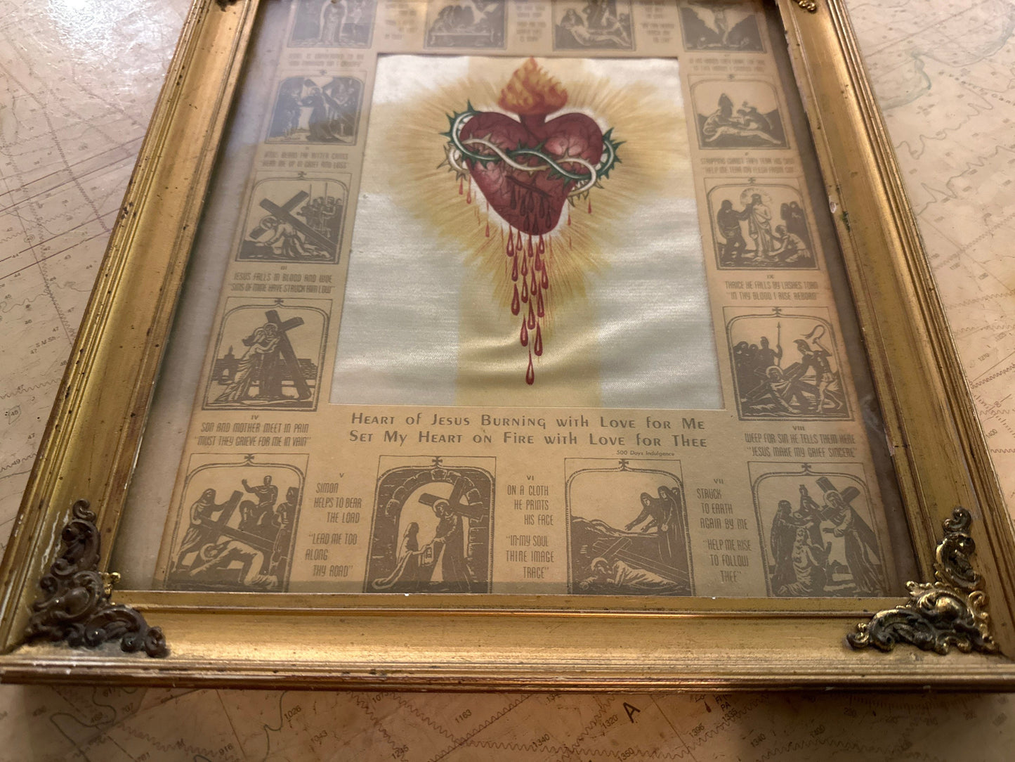 Vintage Sacred Heart Flaming Heart w/ Crucifixion Framed Portrait | Home Decor