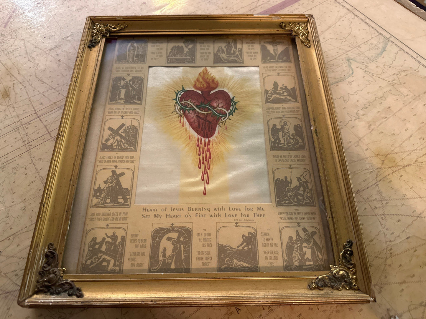 Vintage Sacred Heart Flaming Heart w/ Crucifixion Framed Portrait | Home Decor