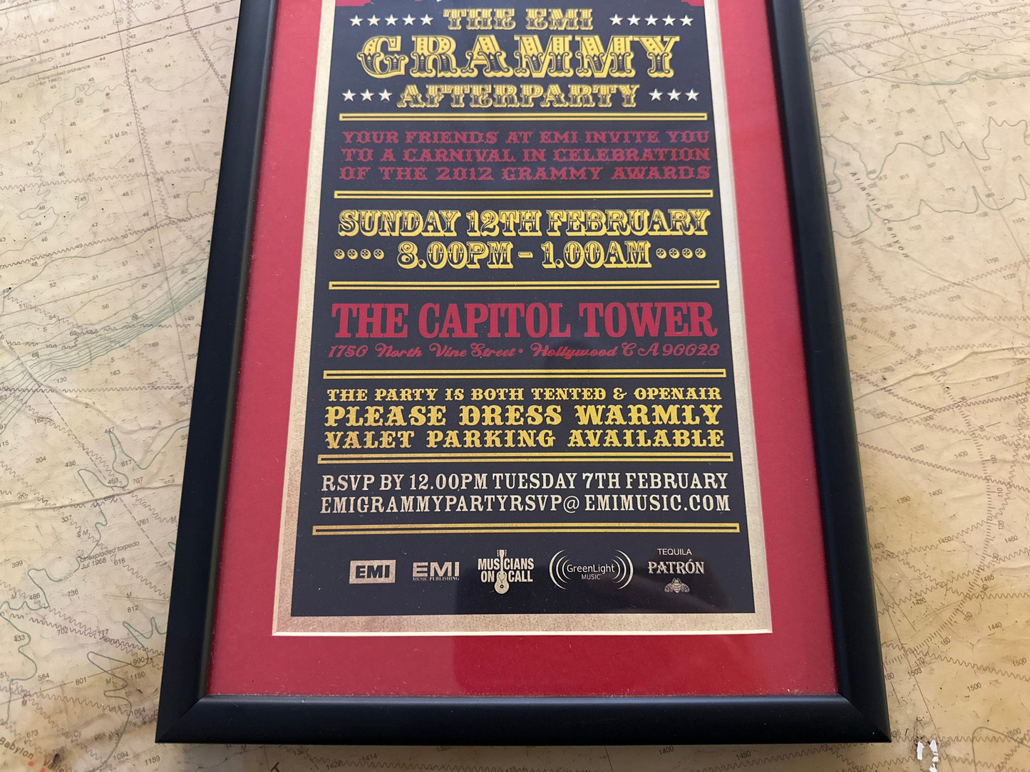 The Grammy Afterparty Invitation from 2012 - EMI Productions | Framed | Home Decor | Memorabilia