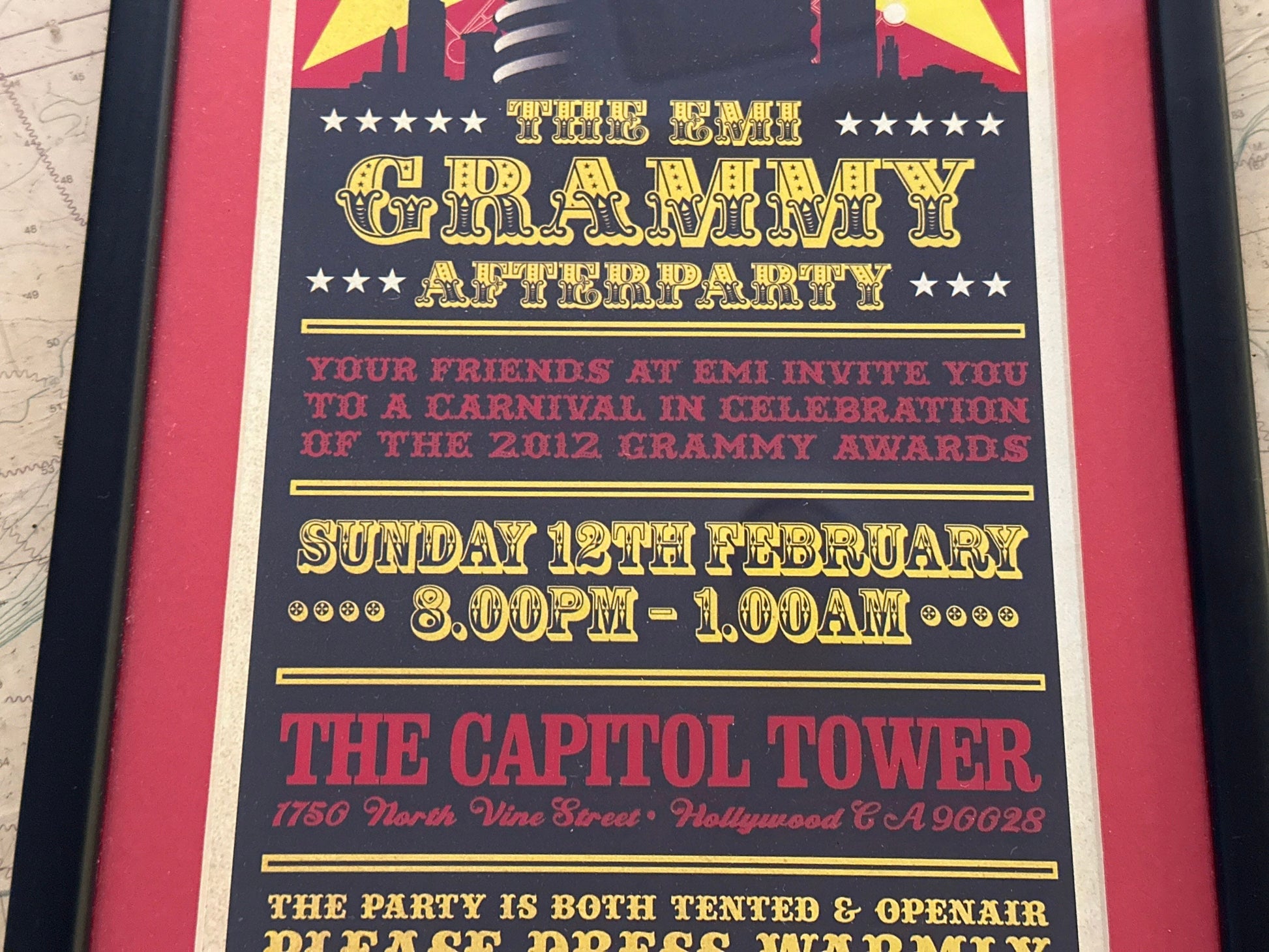 The Grammy Afterparty Invitation from 2012 - EMI Productions | Framed | Home Decor | Memorabilia