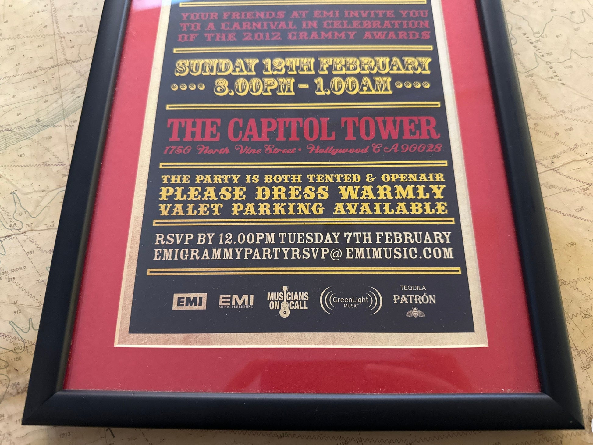 The Grammy Afterparty Invitation from 2012 - EMI Productions | Framed | Home Decor | Memorabilia