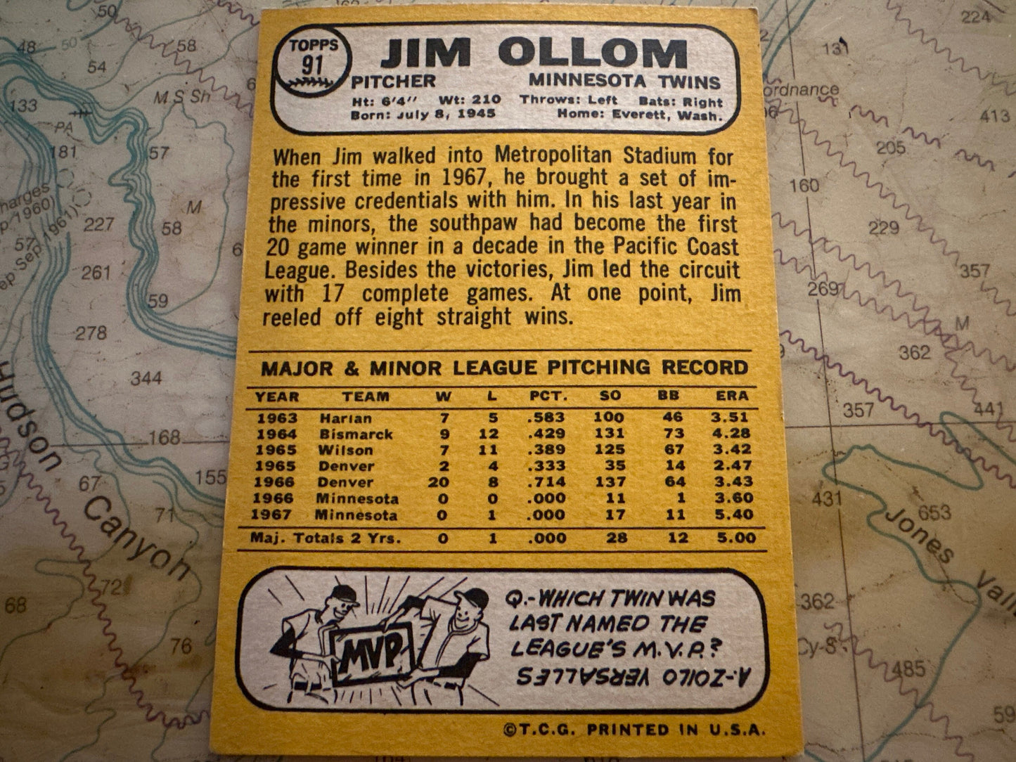 Jim Ollom - Minnesota Twins Pitcher - Collectible Baseball Card | Memorabilia