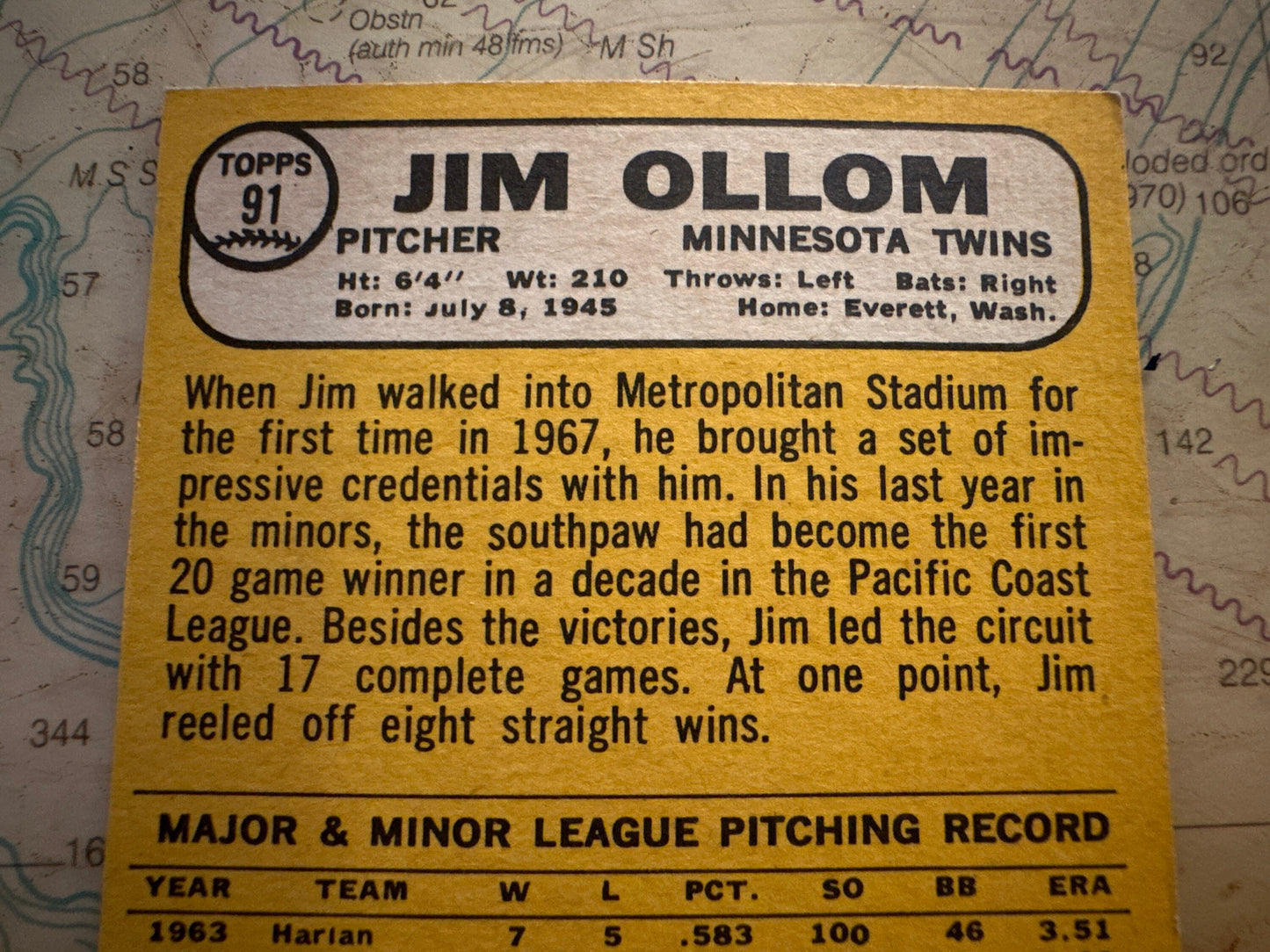 Jim Ollom - Minnesota Twins Pitcher - Collectible Baseball Card | Memorabilia