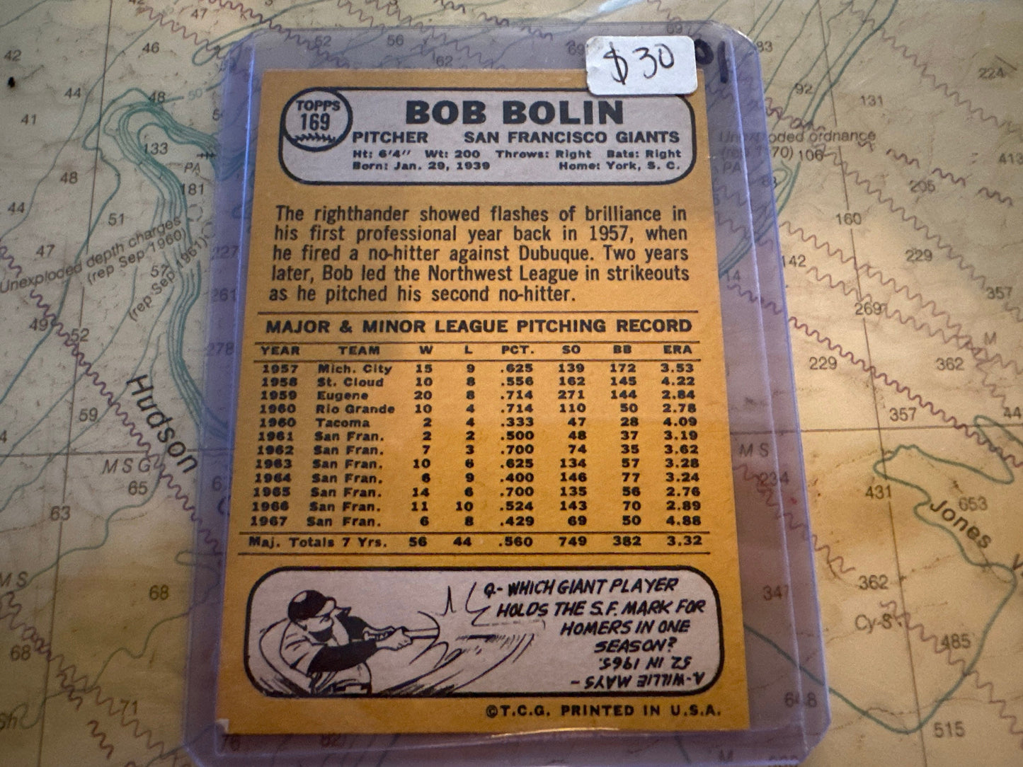 Bob Bolin - San Francisco Giants Pitcher - Baseball Card | Memorabilia