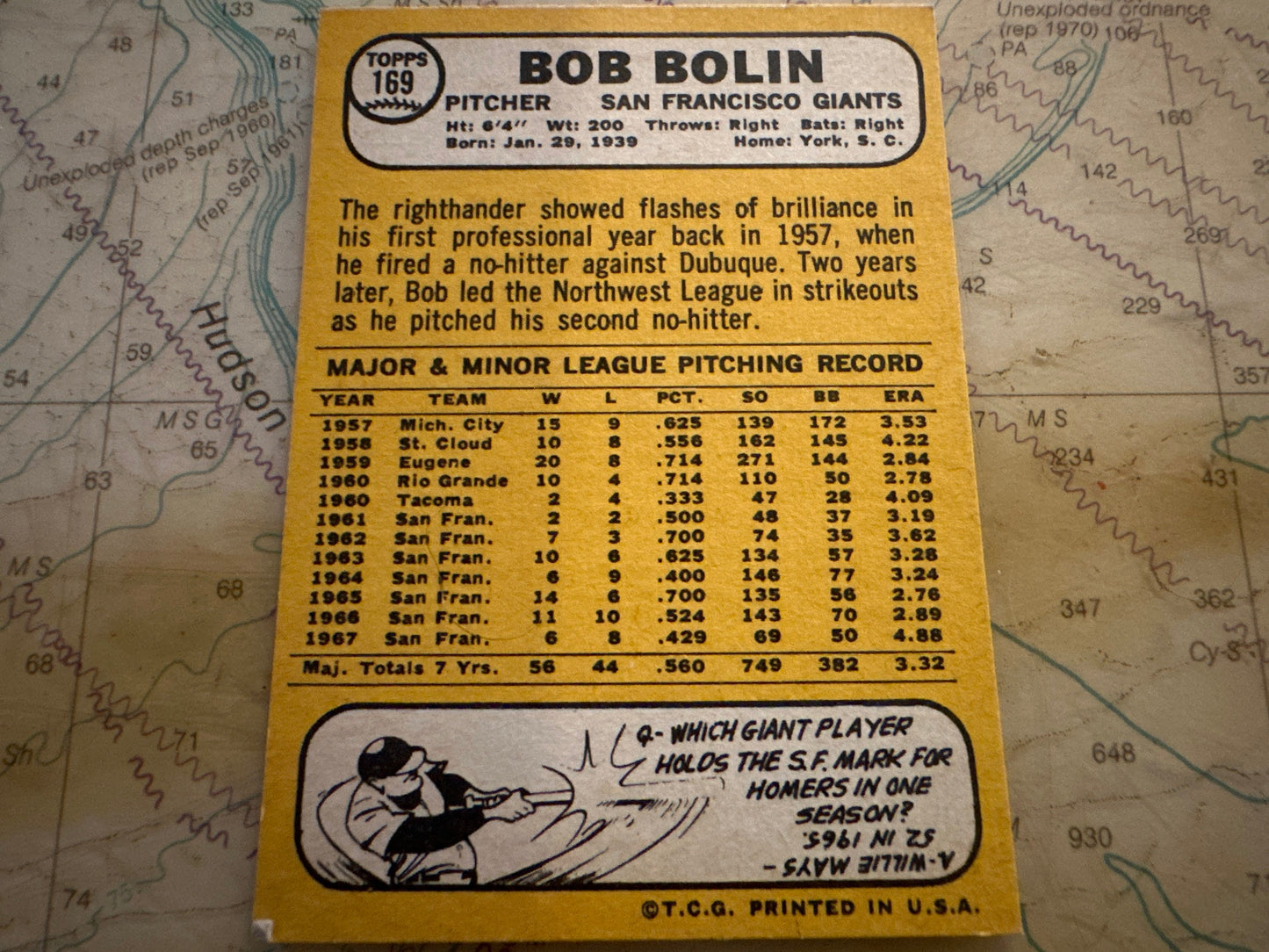 Bob Bolin - San Francisco Giants Pitcher - Baseball Card | Memorabilia