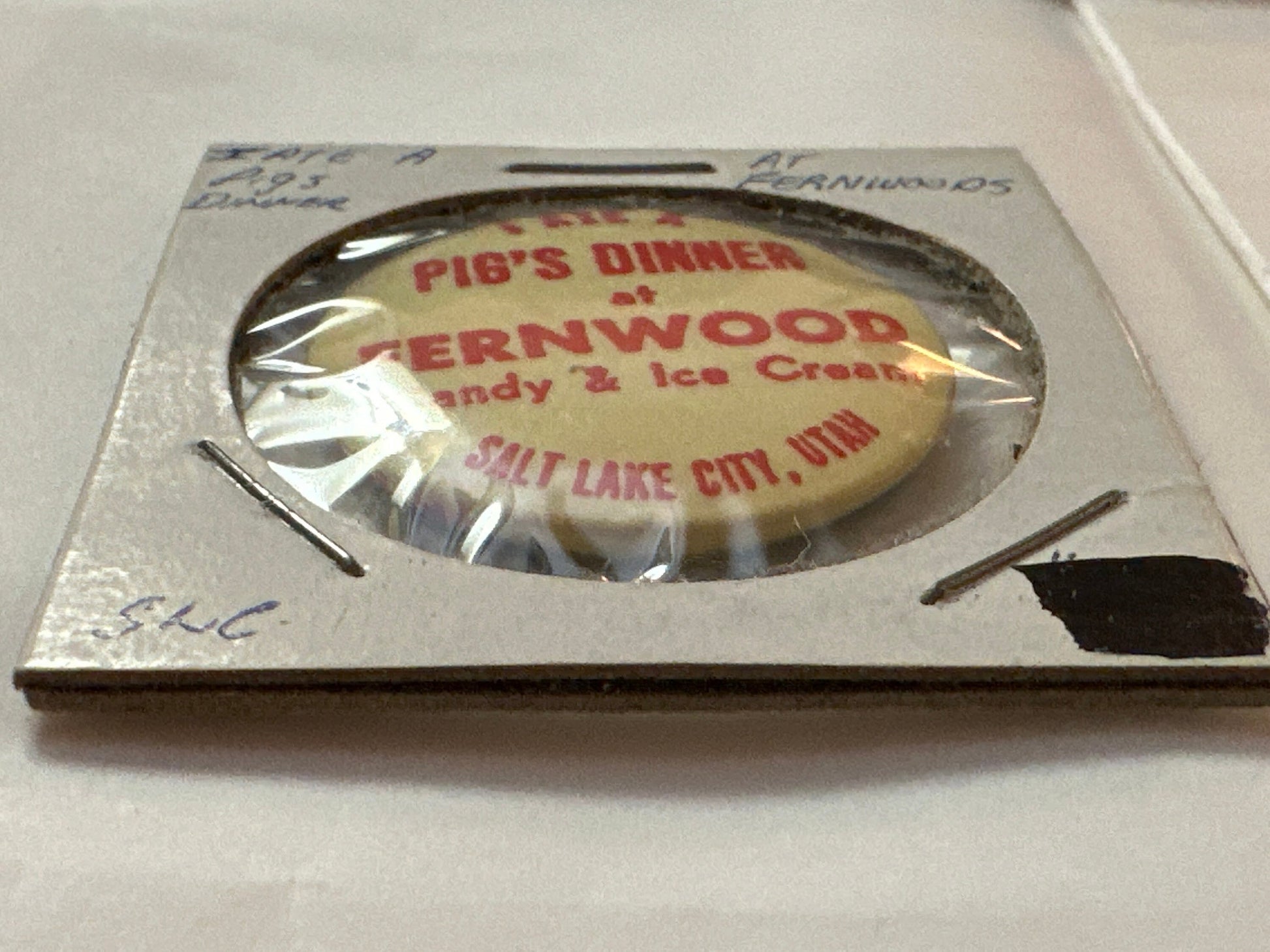 I Ate A Pig's Dinner at Fernwood Candy & Ice Cream Yellow and Red Pin | Salt Lake City, Utah | Memorabilia