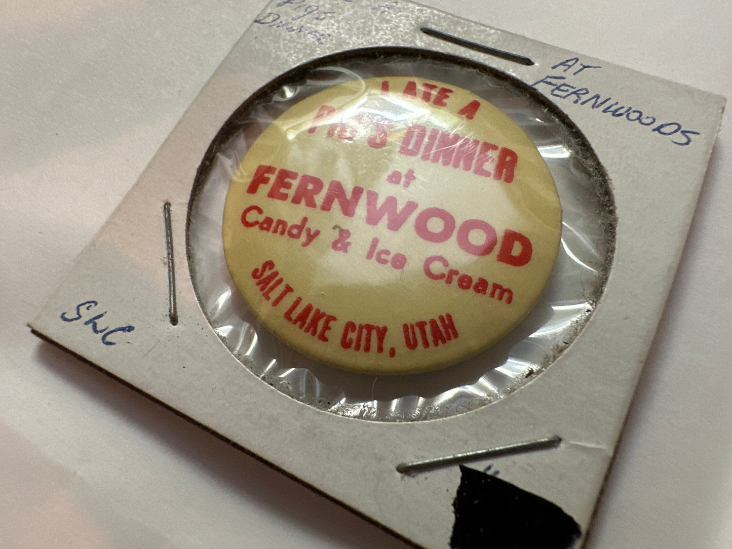 I Ate A Pig's Dinner at Fernwood Candy & Ice Cream Yellow and Red Pin | Salt Lake City, Utah | Memorabilia