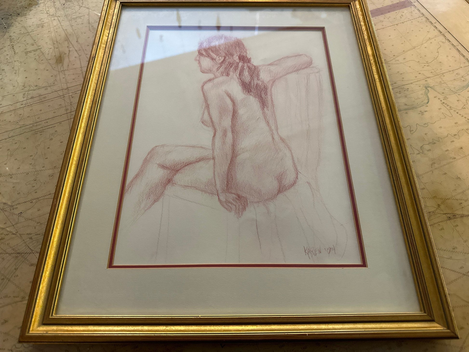 Art Deco Female Nude Sketch Portrait by Unidentified Artist