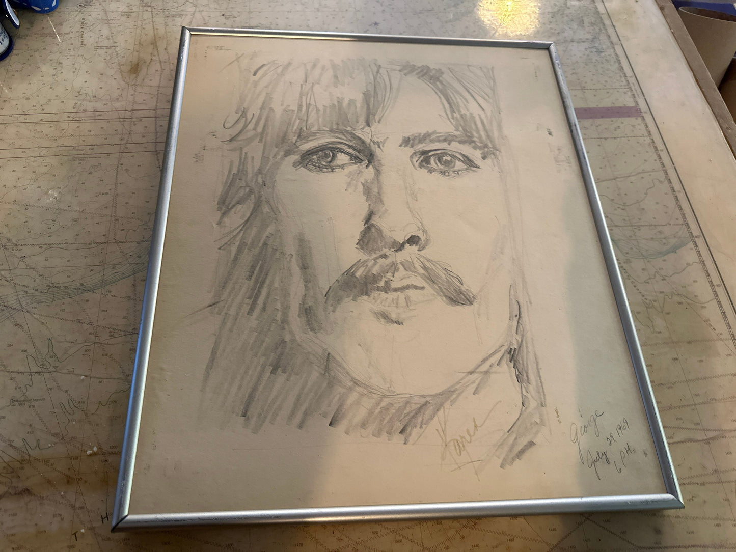 Vintage George Harrison Framed Sketch Portrait | The Beatles | Home Decor