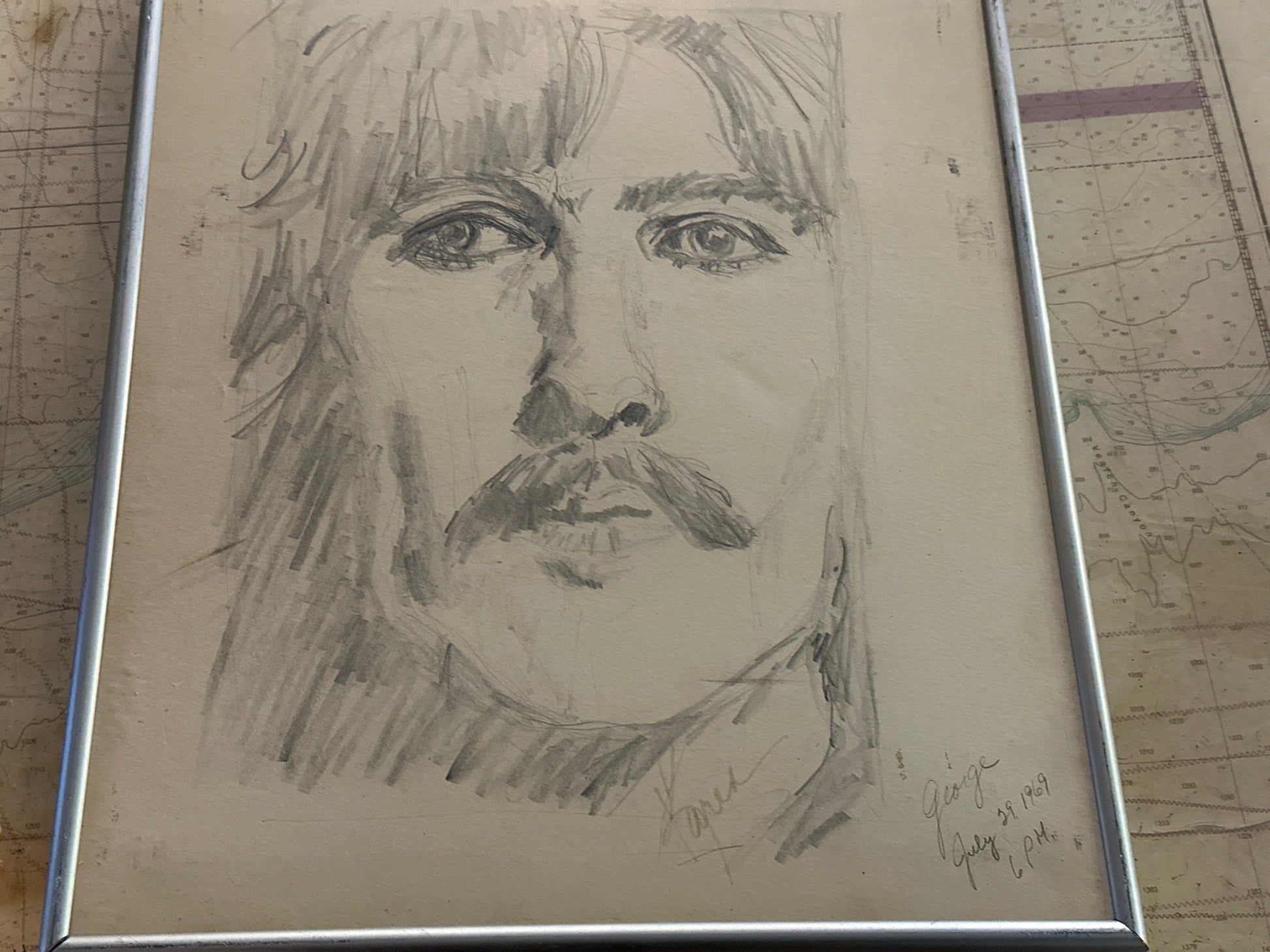 Vintage George Harrison Framed Sketch Portrait | The Beatles | Home Decor