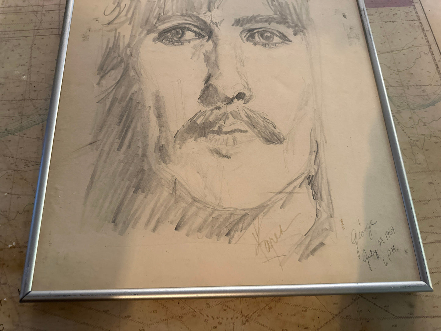 Vintage George Harrison Framed Sketch Portrait | The Beatles | Home Decor