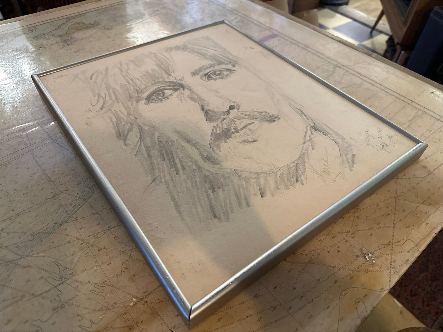 Vintage George Harrison Framed Sketch Portrait | The Beatles | Home Decor