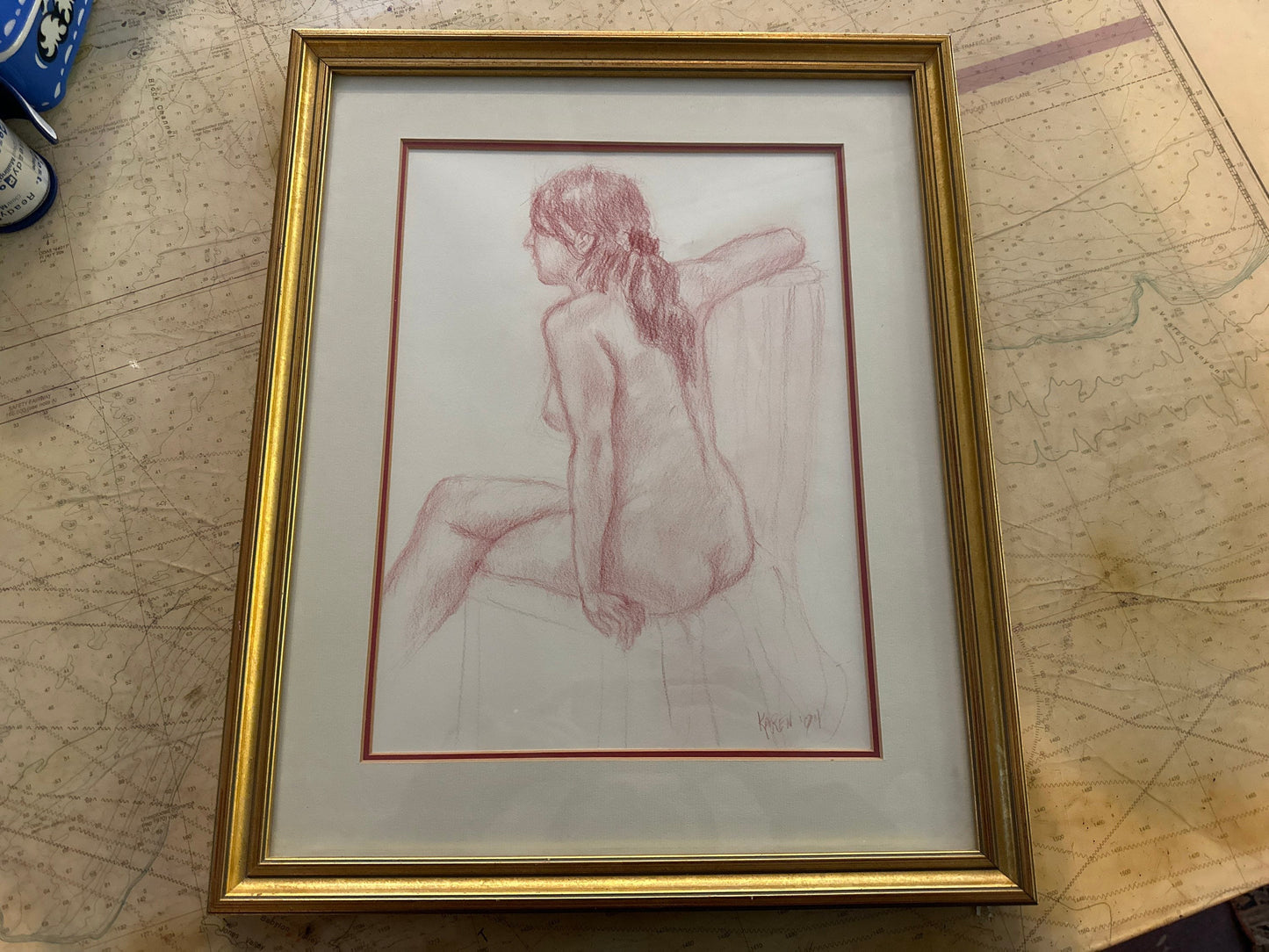 Art Deco Female Nude Sketch Portrait by Unidentified Artist