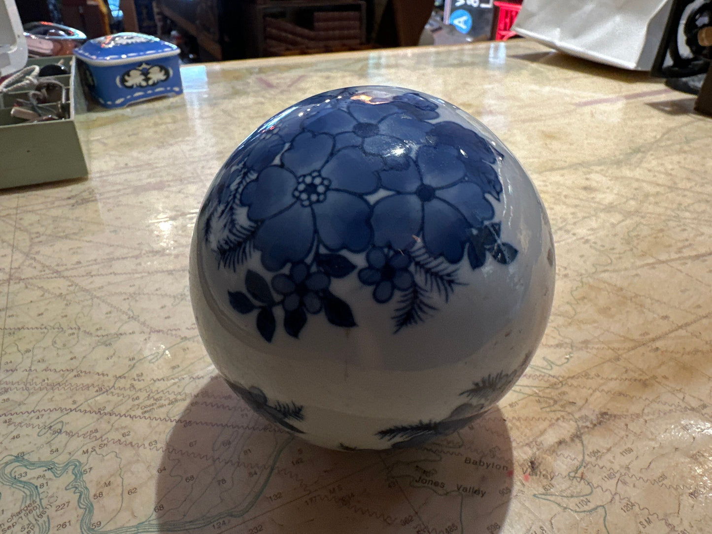 Vintage Blue & White Porcelain Ball | Home Decor