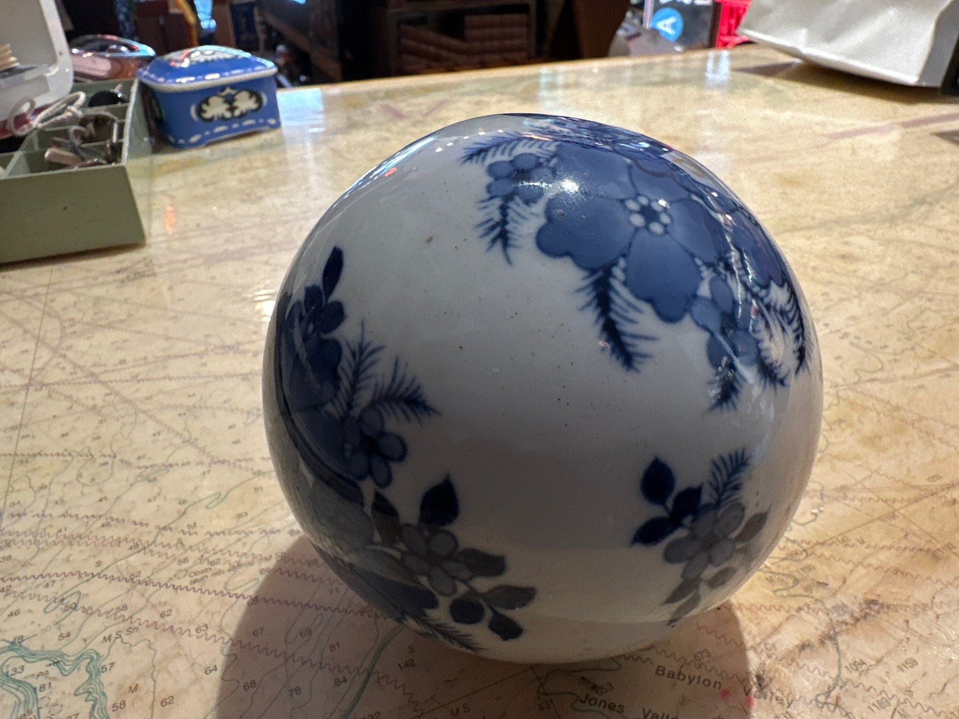 Vintage Blue & White Porcelain Ball | Home Decor