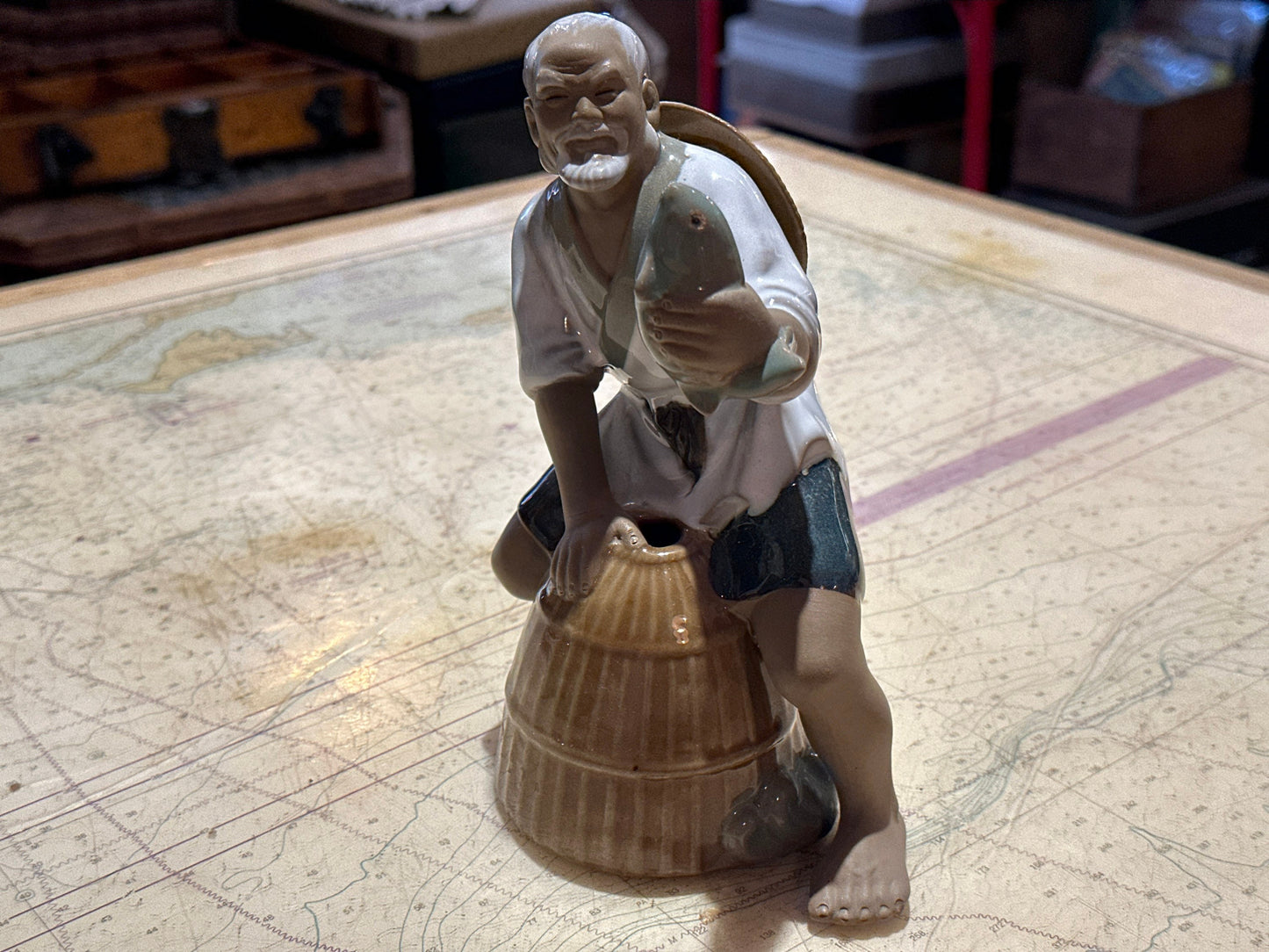 1960s' Chinese Shiwan Mudman Fisherman Porcelain Sculpture | Home Decor