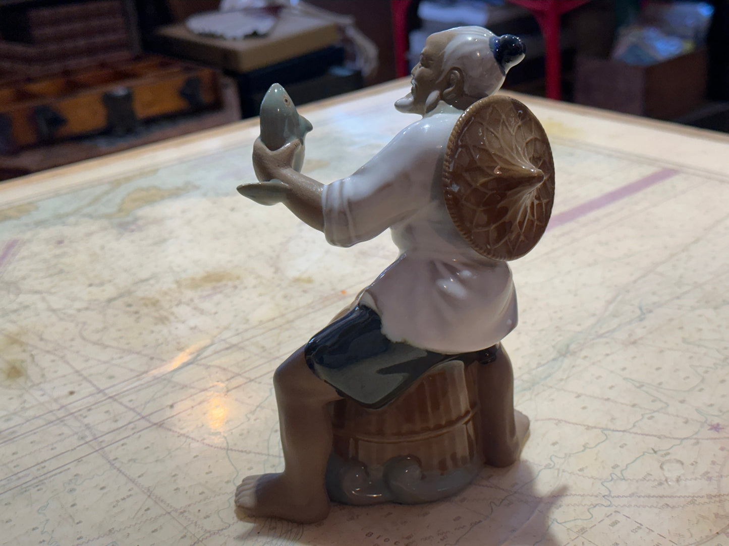 1960s' Chinese Shiwan Mudman Fisherman Porcelain Sculpture | Home Decor